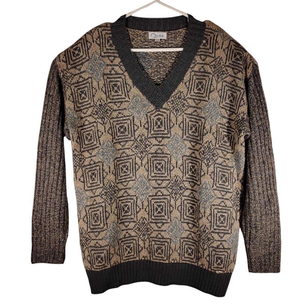 Qiviuk sweater unisex M bison fibre merino wool mulberry silk v-neck geometric